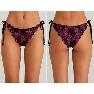 Cloris Murphy Pink Black Lace Side Tie Bikini Bottoms Women's L Sexy Retro Y2K